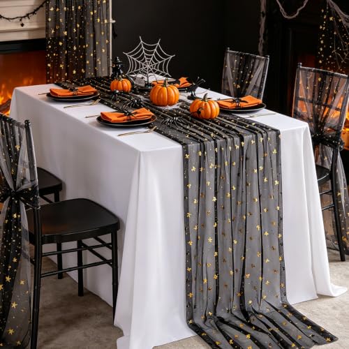 B-COOL Black Gold Bow Halloween Table Runner 3pcs 28x120in Tulle Gauze Decor