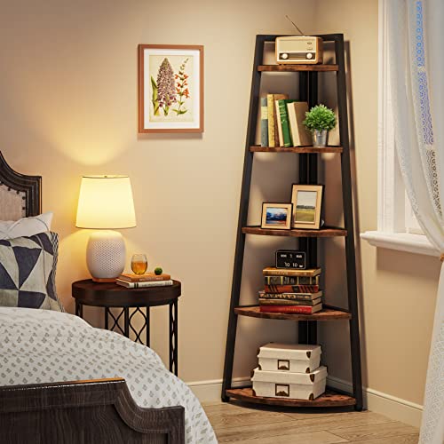 5-Tier Tall Corner Bookshelf, Industrial Rustic Corner Storage Shelf