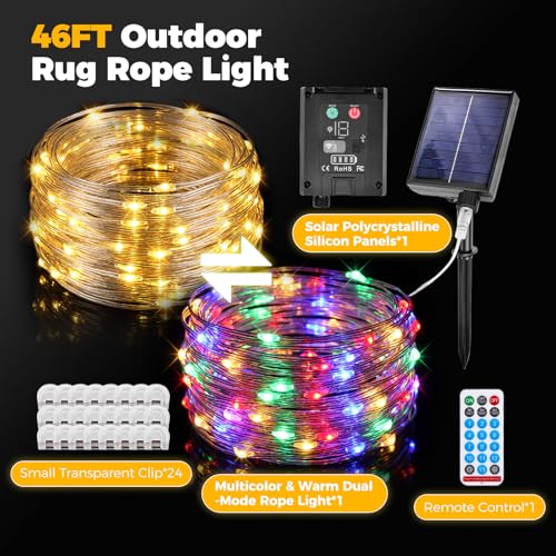 46FT Solar LED Rope Light for Outdoor Rugs with Remote & Rug Clips