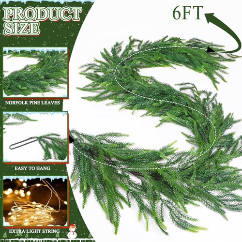 TISEMENT Norfolk Pine Garland 6ft with 10ft Light String – Premium Indoor/Outdoor Greenery