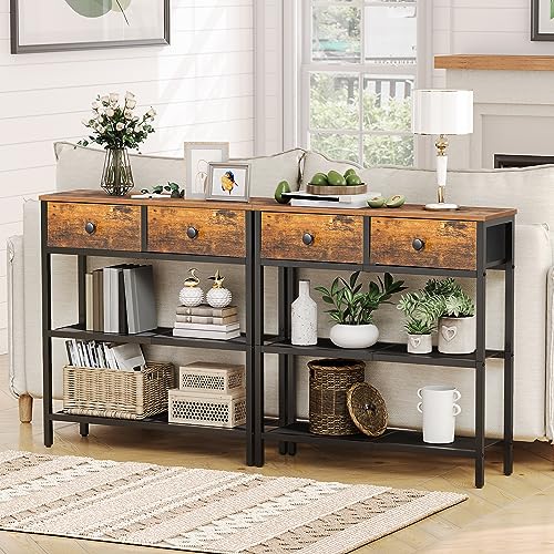 Narrow Console Table with 2 Fabric Drawers & 3-Tier Shelves - Rustic Brown