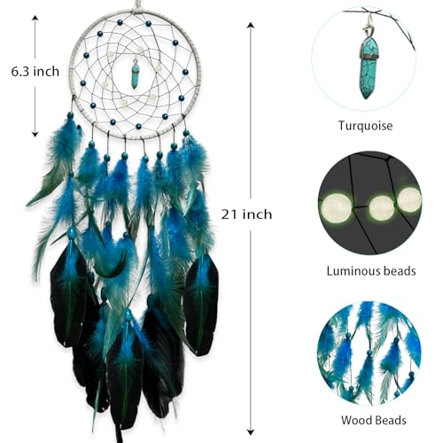 Blue Dream Catcher with Turquoise Gemstone and Glow-in-the-Dark Beads