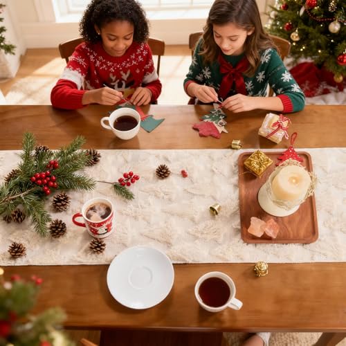 Mostop Cream Tree Christmas Table Runner 13x72 Inch Faux Fur Holiday Decor