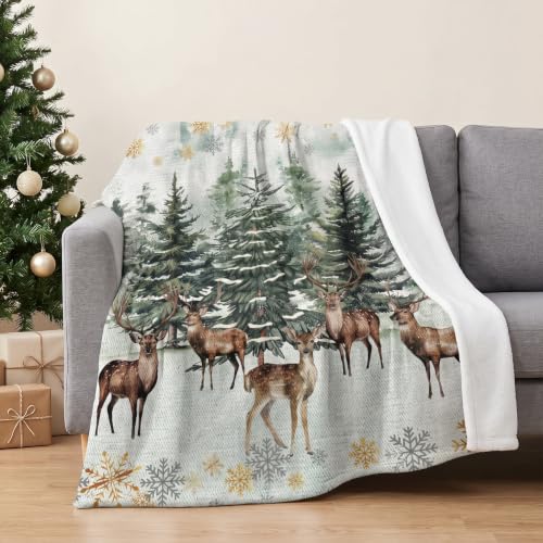 Gift-Forest Deer Blanket 50x60in Green Christmas Tree Elk Throw – All Seasons Flannel