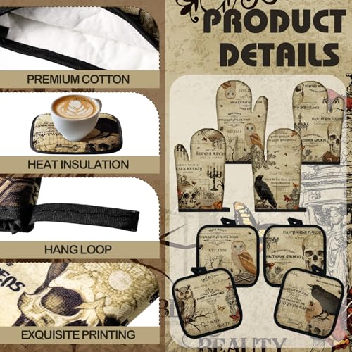 12-Piece Gothic Kitchen Set: Raven Skull Oven Mitts, Pot Holders & Towels