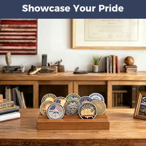 4-Row Solid Wood Challenge Coin Display Stand - Walnut Finish