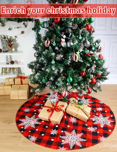 48-Inch Red & Black Buffalo Plaid Christmas Tree Skirt with Snowflake Pattern