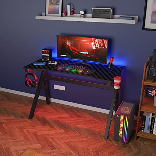 47-Inch R-Shaped Gaming Desk with Carbon Fiber Texture and Cup Holder