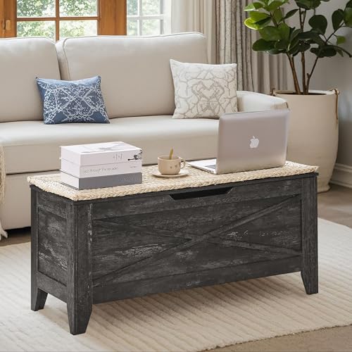 43-Inch Lift-Top Storage Chest Bench with Wicker Cushion and Safety Hinges