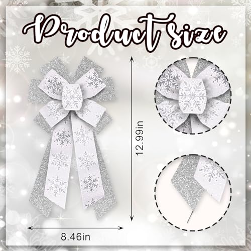 Glodecart Style8 Large Christmas Bow for Wreath - Glitter Silver Snowflake Decoration