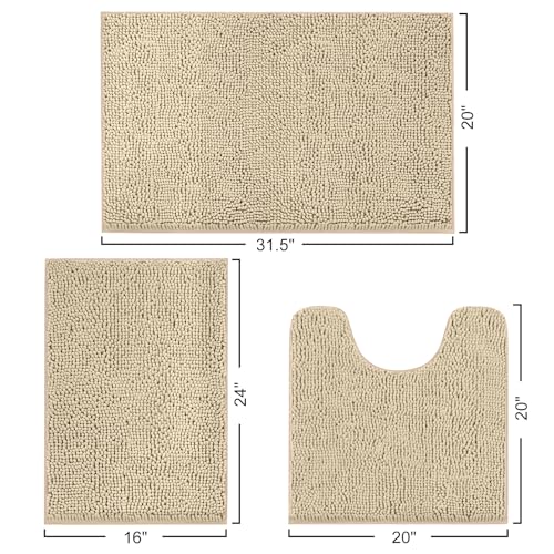 3-Piece Chenille Bath Rug Set, Soft Absorbent Non-Slip Bathroom Mat, Beige