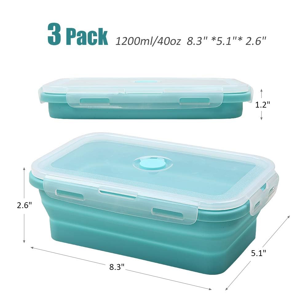 Alimat PluS Silicone Food Storage Containers with Lids, 3 Pack Set 40.5oz(1200ml) Collapsible Meal Prep Lunch Containers, Microwave, Freezer and Dishwasher Safe