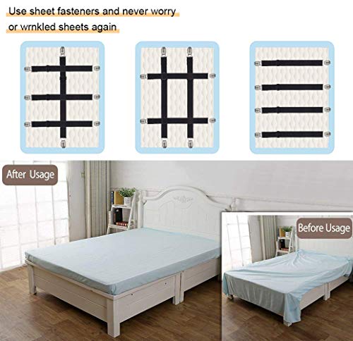 Adjustable Elastic Bed Sheet Straps & Fastener Clips, 8-Pack (Black)