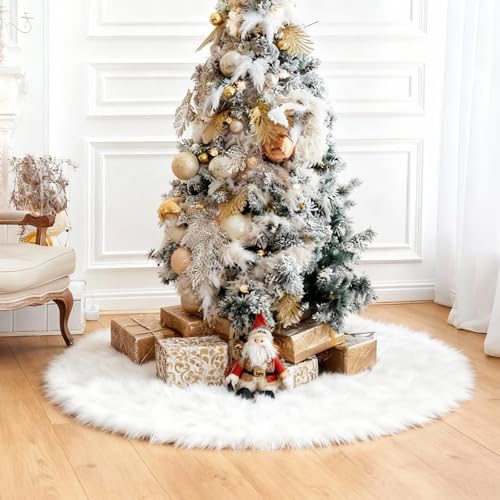 iMucci Wool Fur 60 Inch Christmas Tree Skirt - Large White Plush Snowy Faux Fur