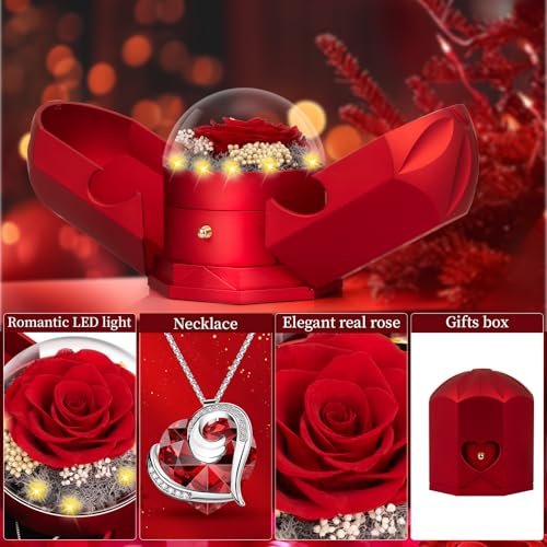 Preserved Real Rose Gift Box with Heartbeat Crystal Necklace