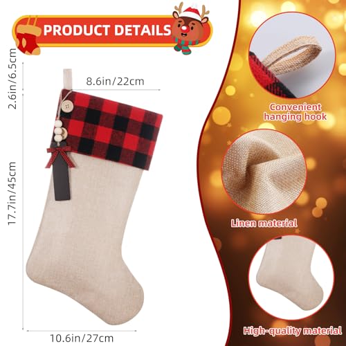Personalized Burlap Christmas Stockings 5 Pcs with Buffalo Plaid Cuff & Wooden Name Tags - DIY Name + 19.5in (Shgngle, 5pcs)