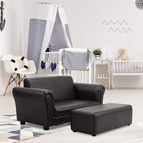 Kids 2-Seater Sofa with Ottoman - Black PU Leather Toddler Lounge Chair