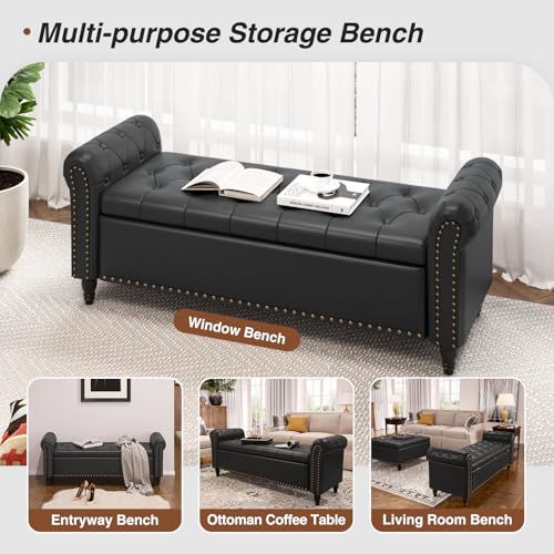 65-Inch Upholstered Storage Bench with Rolled Arms and Tufted Seat