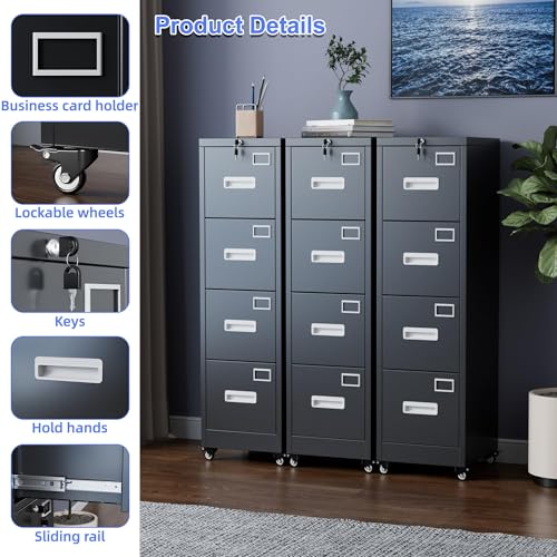 4-Drawer Mobile Metal File Cabinet with Lock, Letter & Legal Size Storage