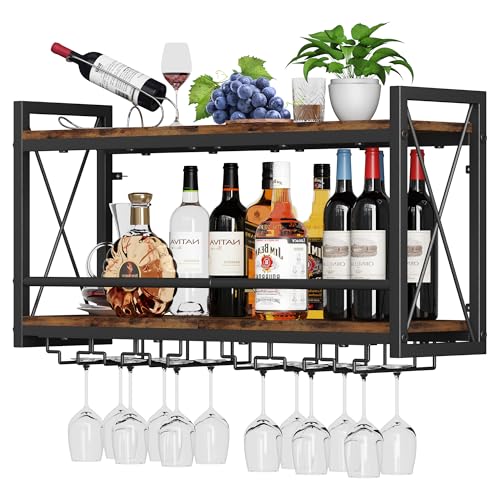 Wall Mounted Wine Rack with Glass Holder, Industrial Wood and Metal Shelf