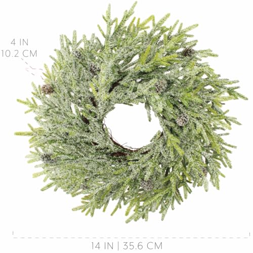 Artificial Christmas Wreaths 2-Pack, 14-Inch Flocked Greenery with Pinecones for Indoor/Outdoor Decor