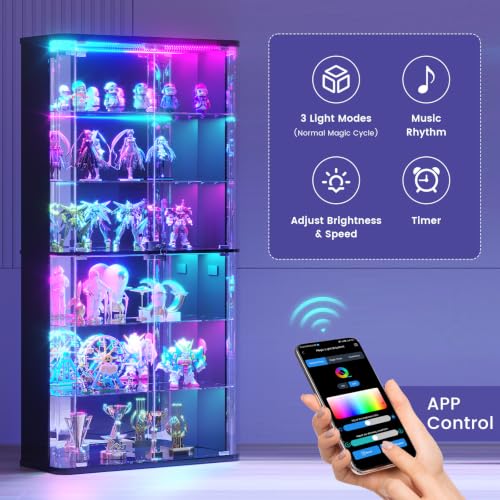 6-Tier 71-Inch Tall Glass Display Cabinet with RGB Lights and Motion Sensor