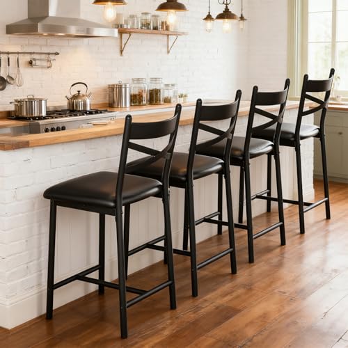 26-Inch Counter Height Bar Stools with Back - Set of 4, Black PU Leather