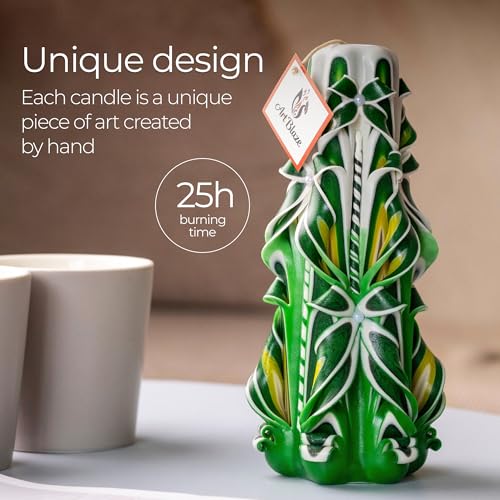 ART BLAZE Large 8.27in Green Carved Candle – Handmade Unscented Long-Burning Home Decor Gift