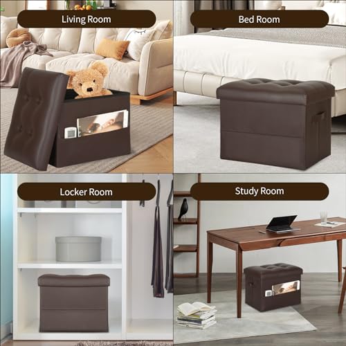 Foldable Faux Leather Storage Ottoman Foot Rest, Brown - 17x13x13in