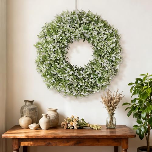 26-Inch Artificial Boxwood Wreath for Front Door, UV-Resistant Faux Greenery