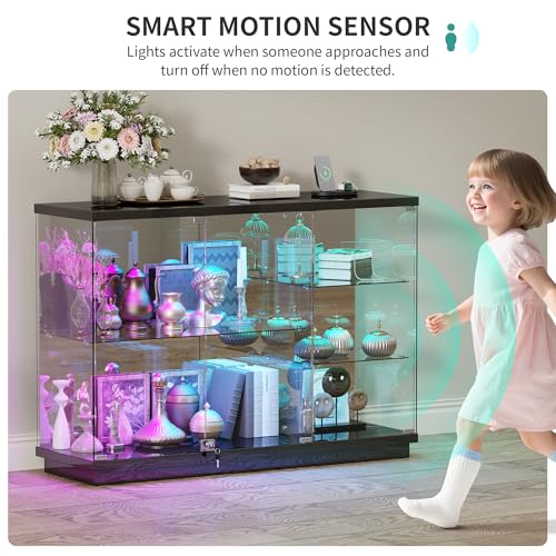 Glass Display Cabinet with RGB Lighting, Human Sensor & Lock, Black