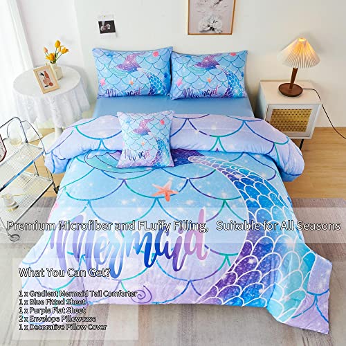 6-Piece Mermaid Tail Comforter Set - Twin Size Colorful Fish Scale Bedding