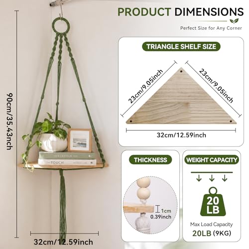 Macrame Corner Wall Shelf, Adjustable Boho Wood Floating Shelf for Plants