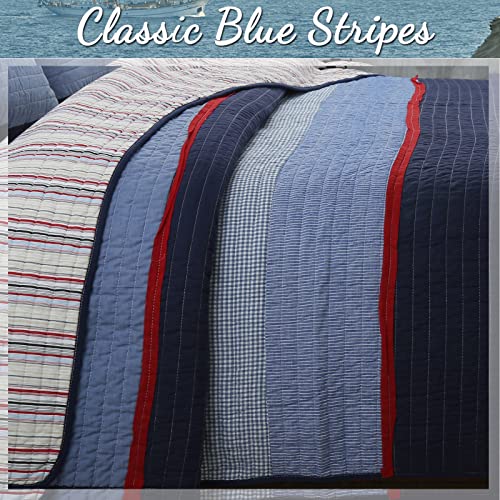 Navy Blue and Red Striped 3-Piece Queen Cotton Reversible Quilt Bedding Set