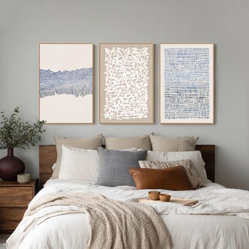 3-Panel Abstract Boho Wall Art Set - Blue & Neutral Modern Canvas Prints