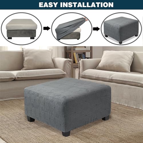 Medium Grey Stretch Jacquard Ottoman Cover - Soft Slipcover for Square Ottomans