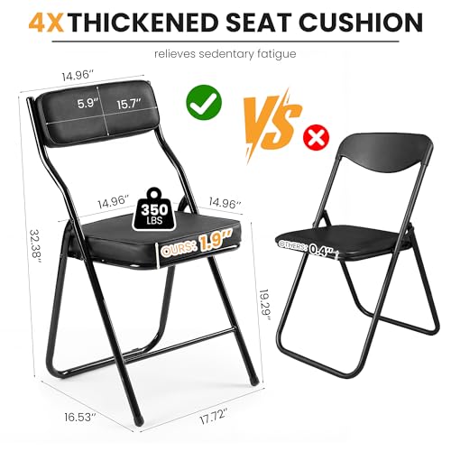 2 Pack Black Padded Folding Chairs, Heavy-Duty Metal Foldable Dining Chairs
