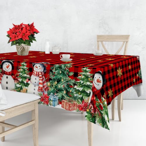Unibyby Christmas Tablecloth 60x84 in with Snowman Snowflake Trees - Rectangular 84x60 Snowy Red