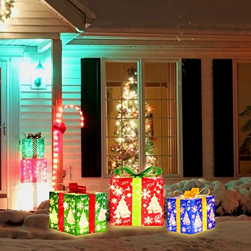 LAMPHOME 70 LED Lighted Gift Boxes Set of 3 — Snowflake Pattern Warm White with Flasher