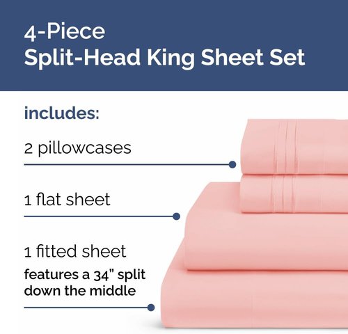 Flex Top Split Head King Sheet Set - Comfy Cooling Bed Sheets for Luxury Sleep - Deep Pockets, Soft Baby Pink