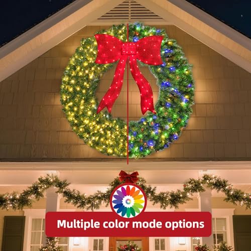 48in Pre-Lit Christmas Wreath with Bow, 270 LED Lights, Timer, Remote, Outdoor Decor