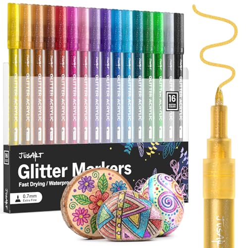 JusArt 16 Colors Glitter Paint Pens for Glass & Art, Fine Tip 0.7mm, Non-Toxic