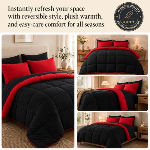 7-Piece Queen Comforter Set - Reversible Red & Black Bed in a Bag