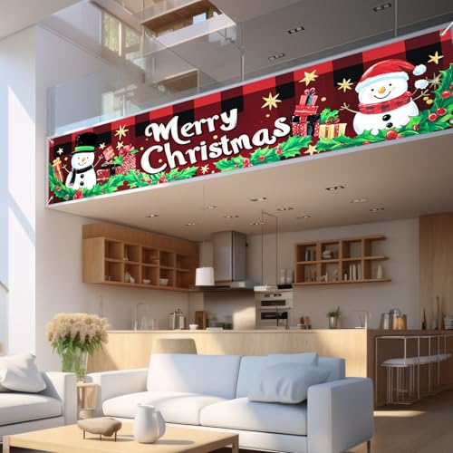IVN Merry Christmas Snowman Plaid Banner 118 x 20 Inch - Snowman Plaid Variant