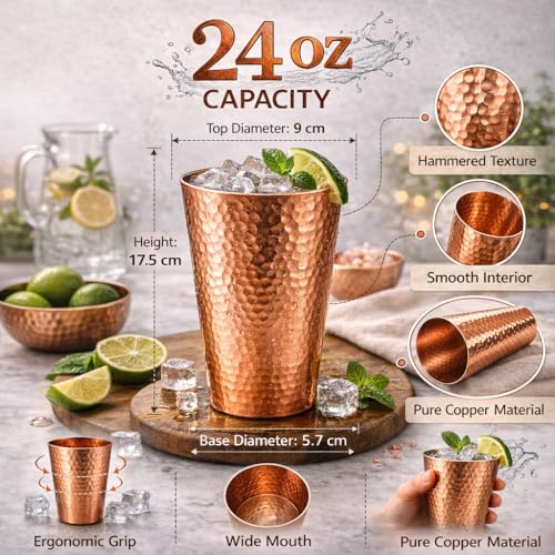 24 oz Hand Hammered Solid Copper Tumbler - Large Unlined Drinking Cup