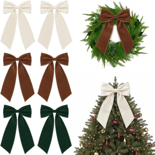 Riceshoot Earth Tone Velvet Christmas Bow Set - Large Holiday Tree Decor, 6 Pack