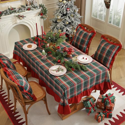ZIQINPSQ Christmas Plaid Ruffle Tablecloth 55x55 inch - Red & Green