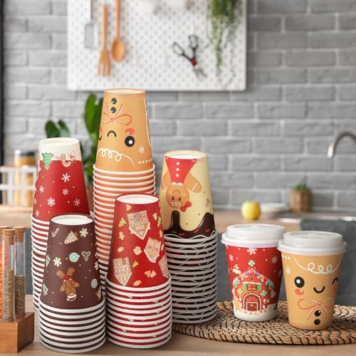 Gerrii Gingerbread Man Style 12oz Christmas Paper Cups with Lids - 100 Pack