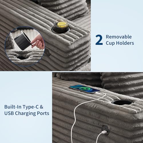 60-Inch Oversized Corduroy Chaise Lounge Chair with Charging Station & Cup Holders