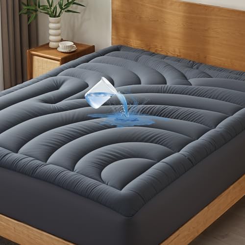QUIETSEA Gray Waterproof Queen Mattress Protector - Quilted Fitted Bed Cover